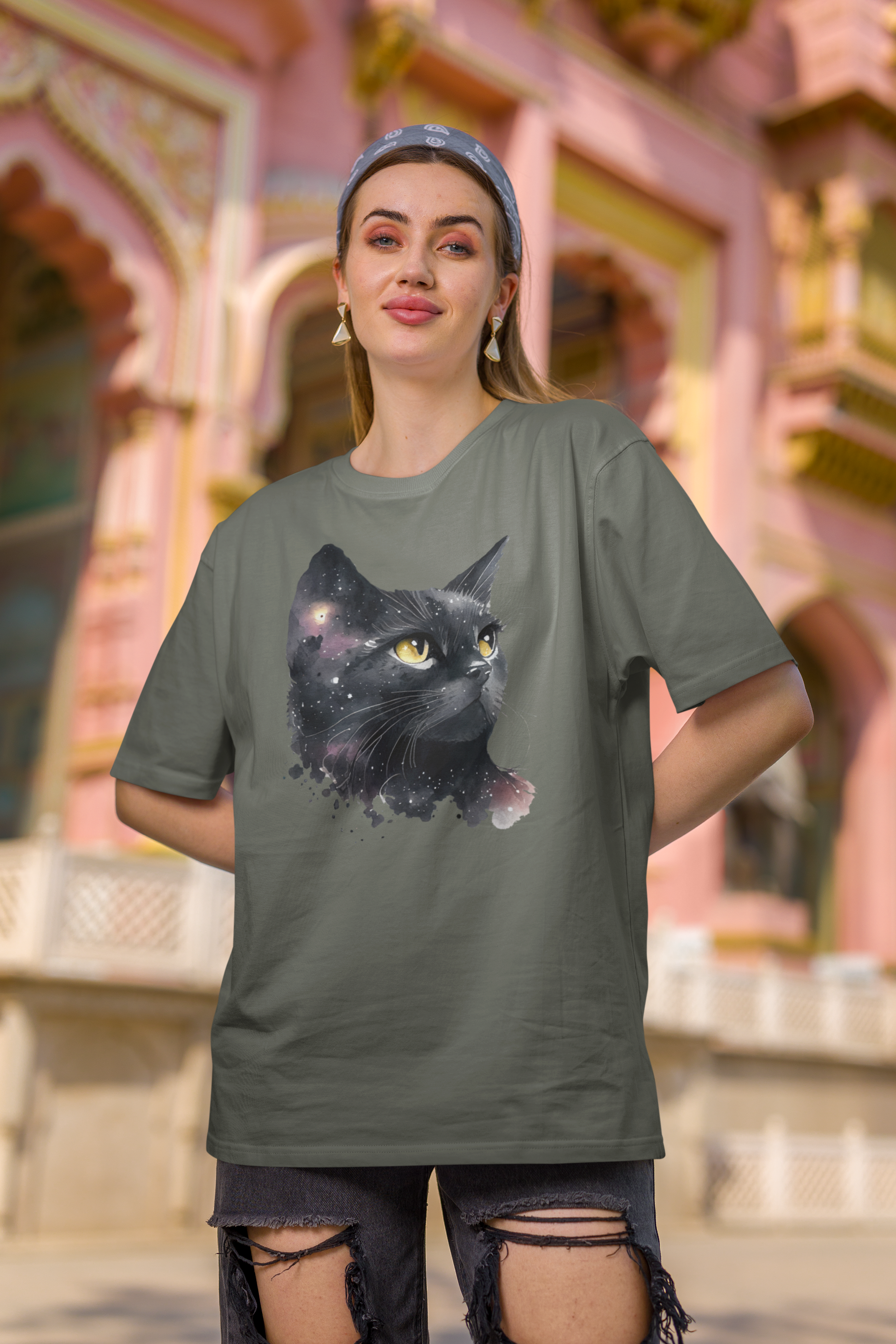 Black Cat Oversized Printed T-Shirt