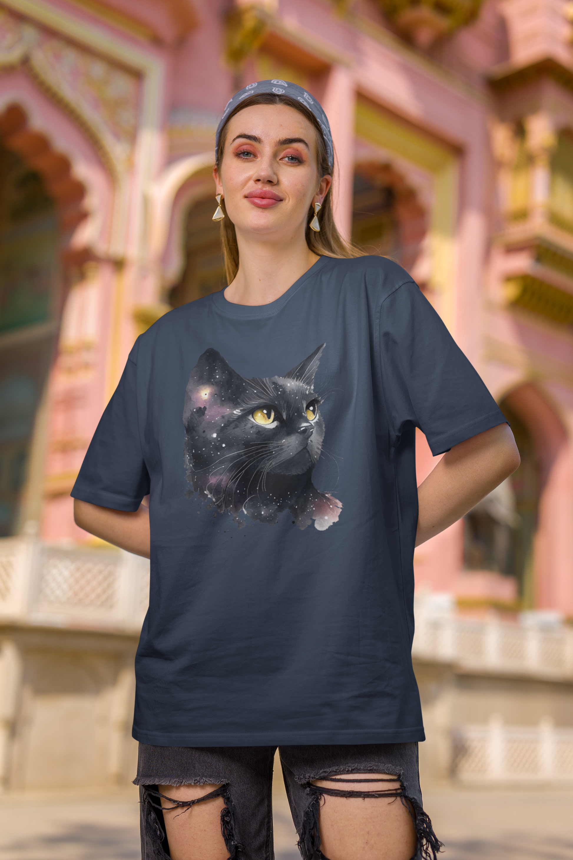 Black Cat Oversized Printed T-Shirt