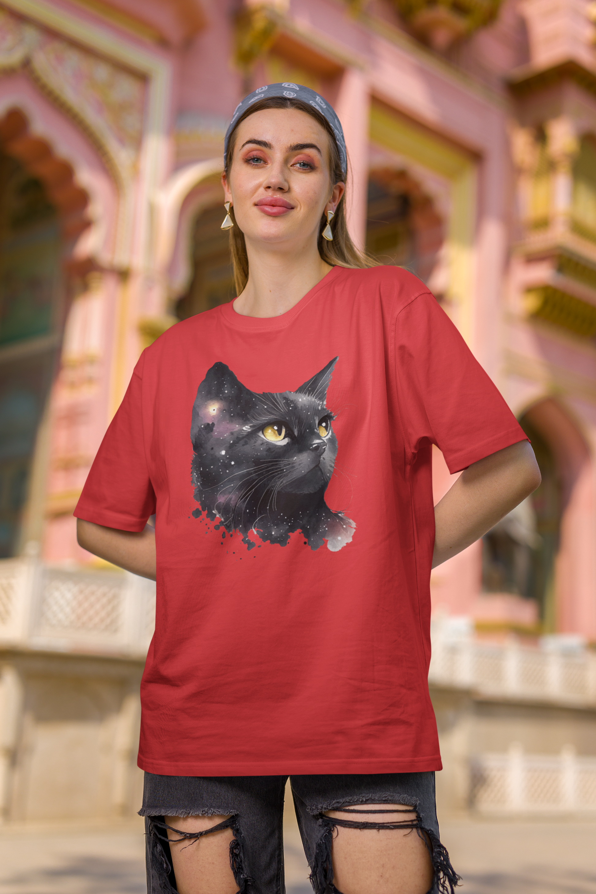 Black Cat Oversized Printed T-Shirt