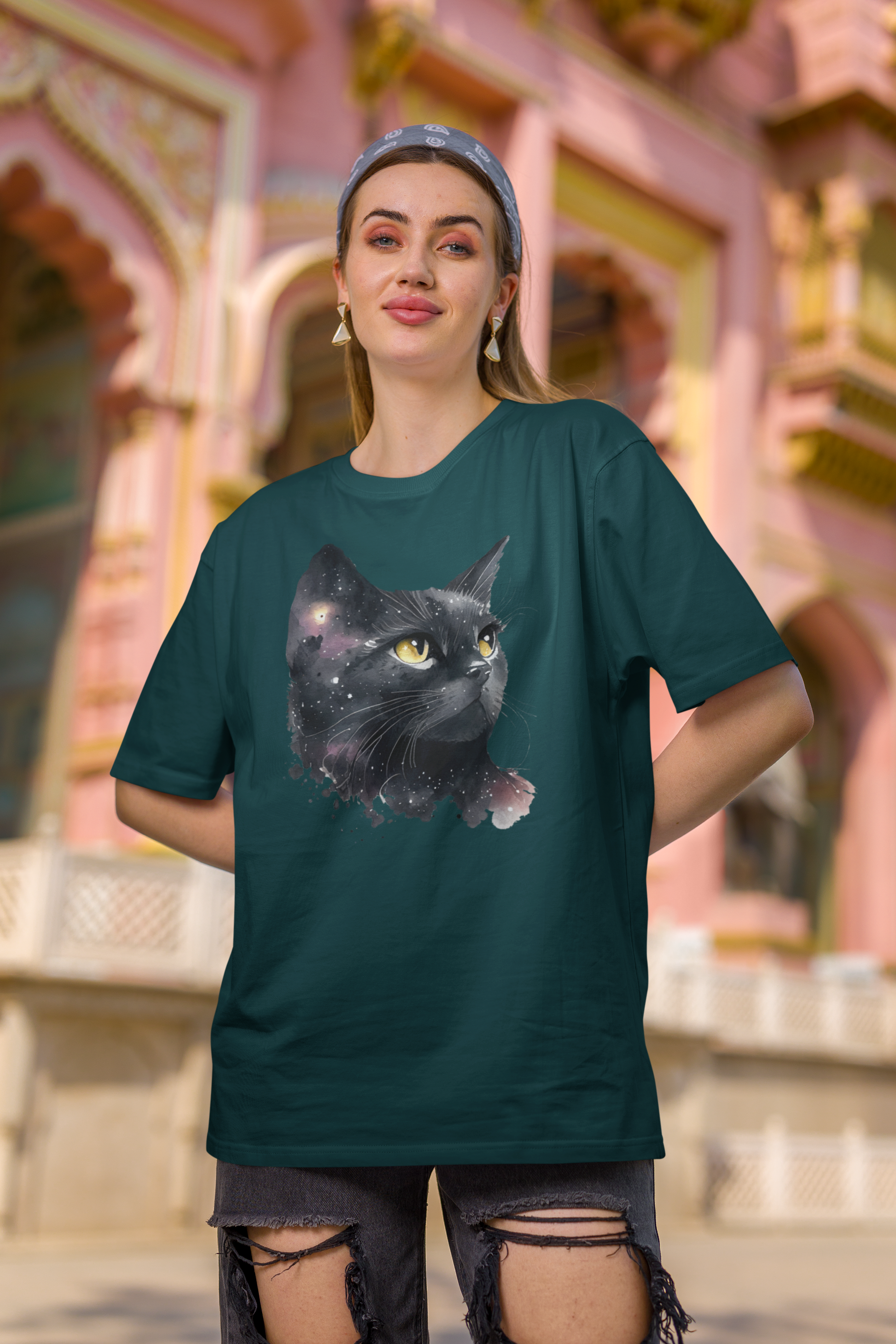Black Cat Oversized Printed T-Shirt