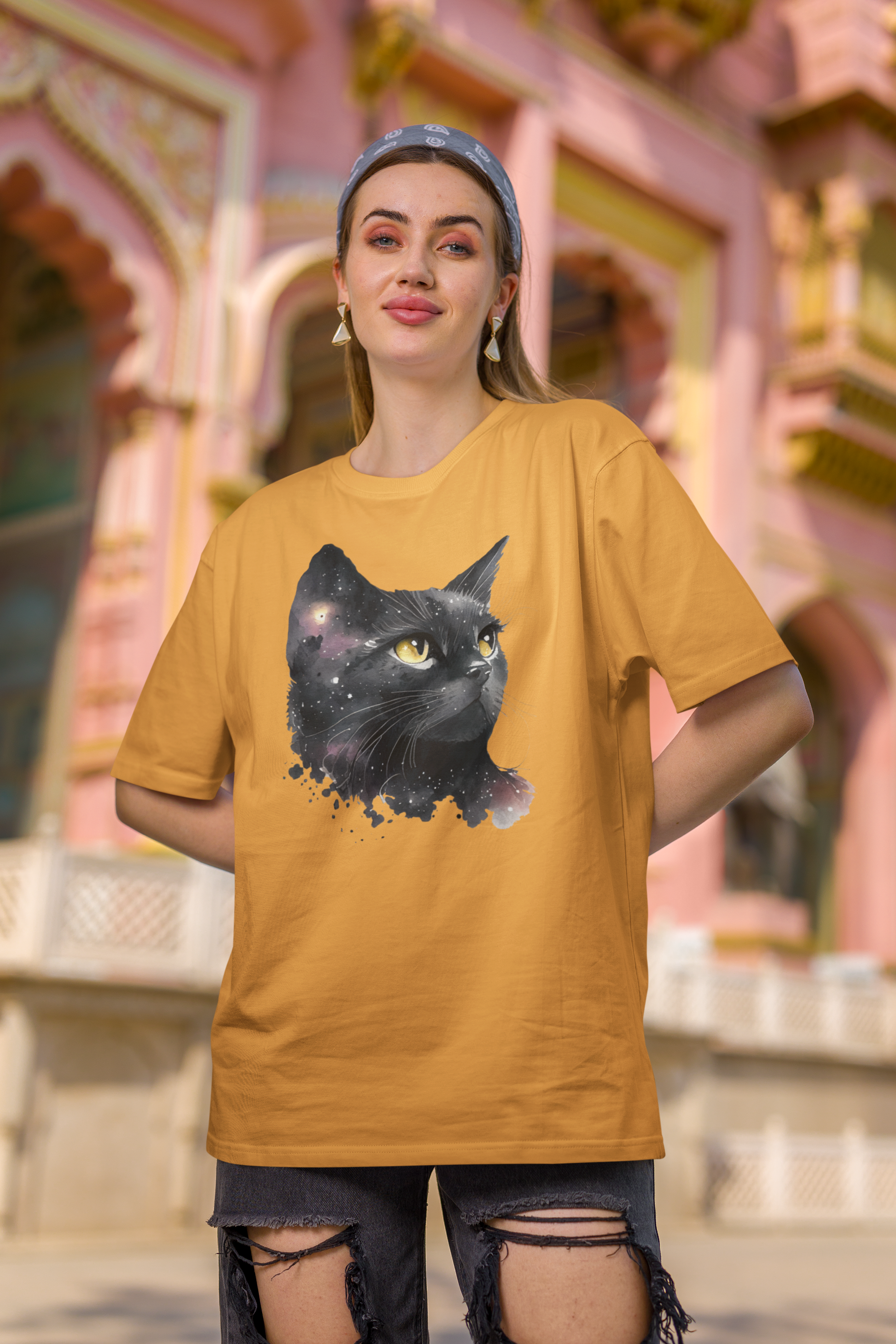 Black Cat Oversized Printed T-Shirt