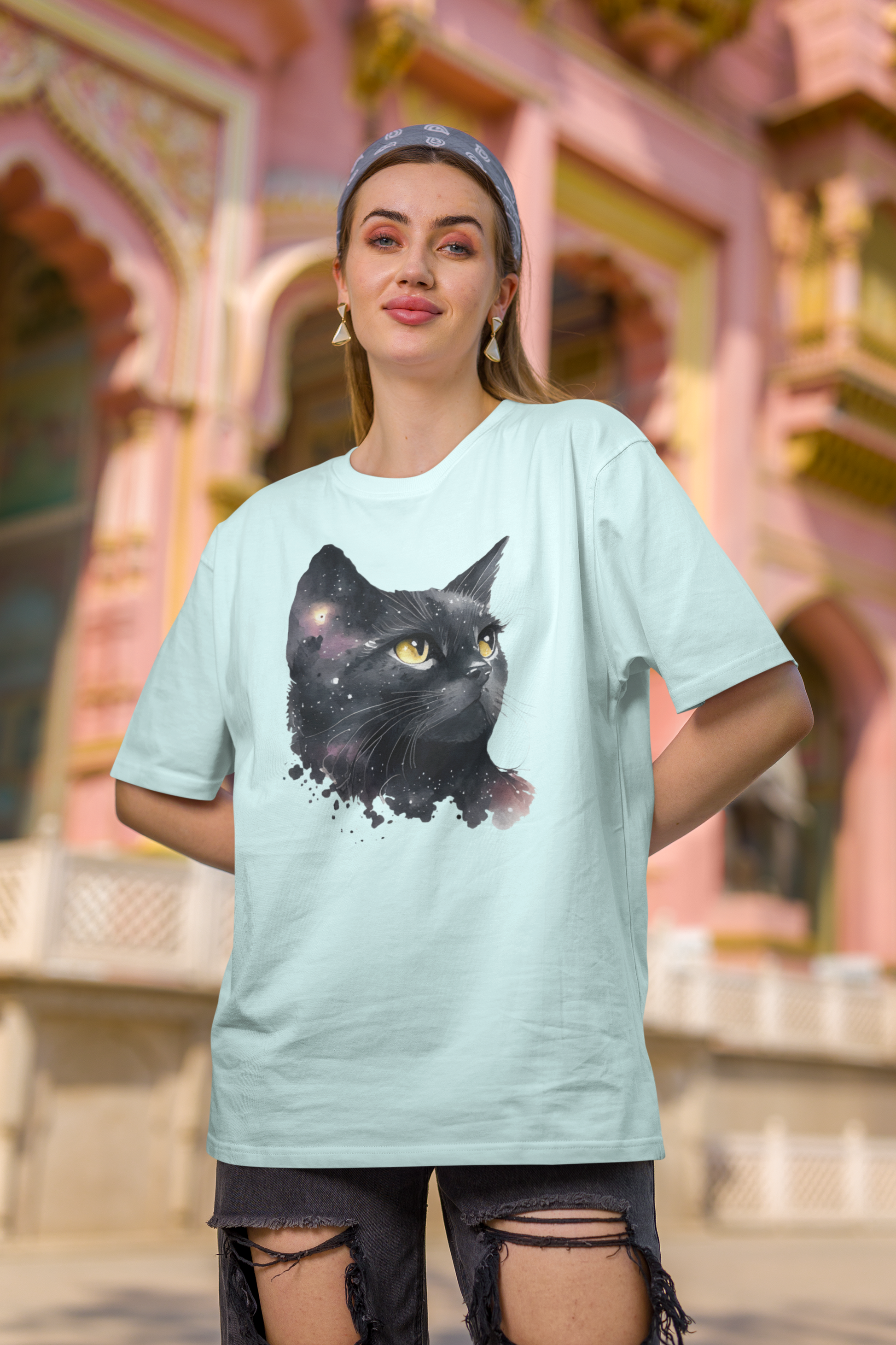 Black Cat Oversized Printed T-Shirt
