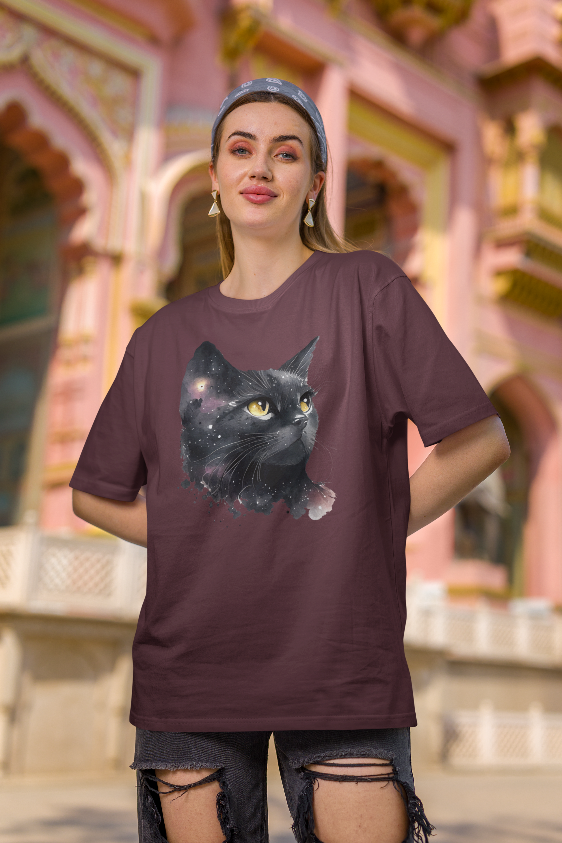 Black Cat Oversized Printed T-Shirt