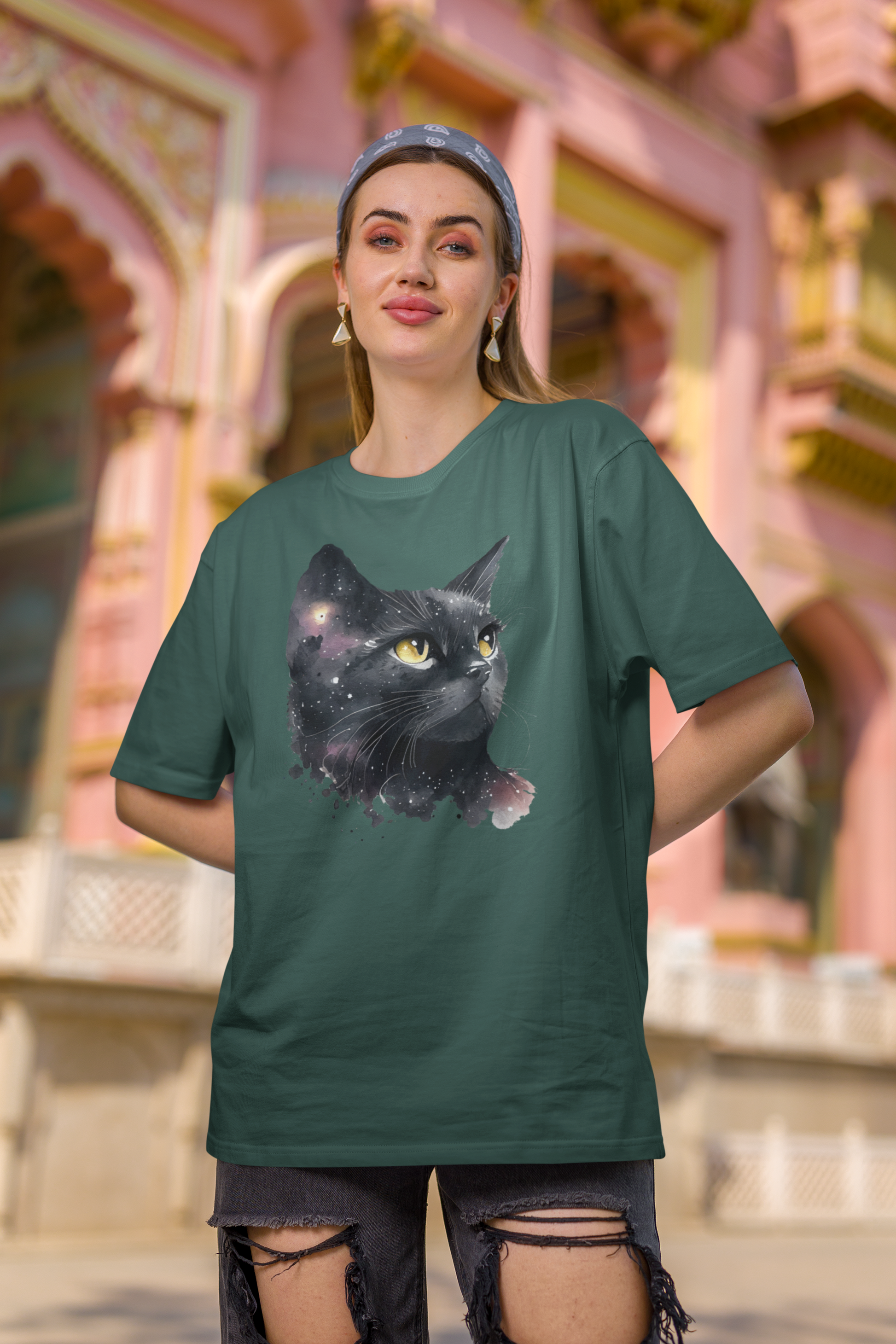 Black Cat Oversized Printed T-Shirt